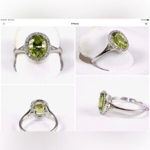 3.05k Nat. Oval Green peridot and diamond Halo solitaire. 14k white gold